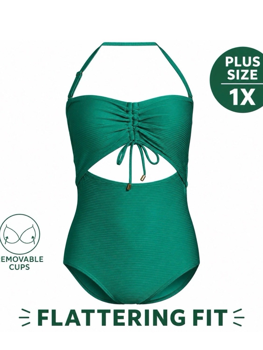 Time and Tru Plus Size Green One-Piece Swimsuit with Front Drawstring